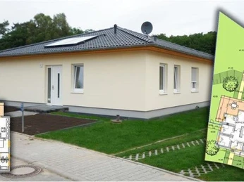 Hausansicht mit Plan