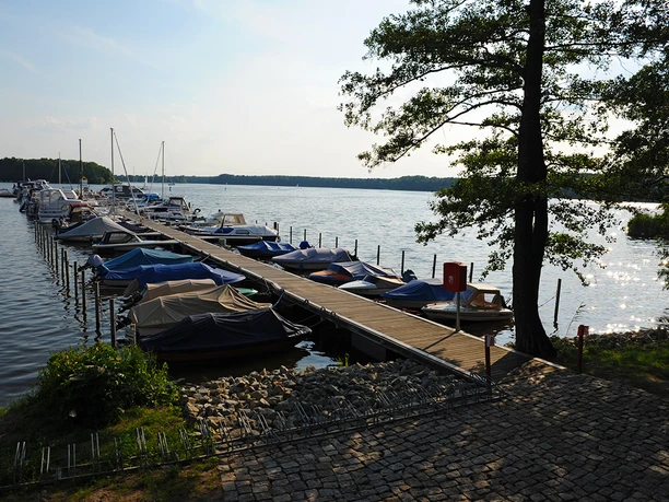 Pier 38 am Crossinsee - der Steg gehört zu Brandenburg, das Land zu Berlin