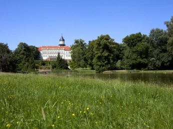 Blick vom Schlosspark über den Schlossteich auf das Schloss Wiesenburg