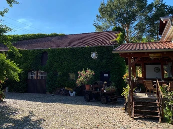 Liebevoll gestalteter Hof neben dem Café