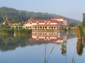 Blick über den Zuchtteich auf das Hotel Villa Dudziak