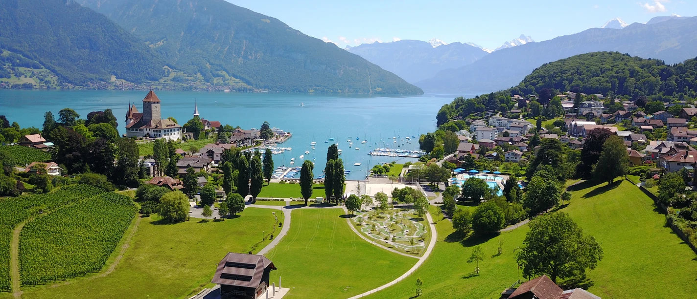 Bucht drohnenaufnahme spiez sommer