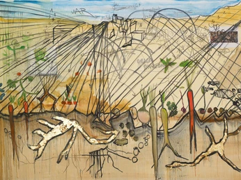 Fabrice Hyber, War, 2008, Gold, Kohle und Öl auf aufgezogenes Papier auf Leinwand, 180 × 250 cm, © Fabrice Hyber