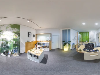 Empfangsbereich eines modernen Büros mit Infomaterial, Theke und offenen Regalen in heller Atmosphäre.