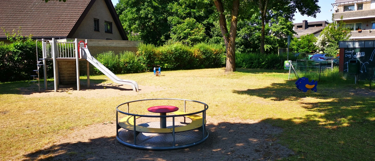 Ein kleiner Spielplatz mit Rutsche, Kletterturm, Wippe und Karussell, umgeben von Bäumen und Wiese.