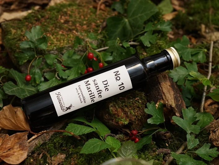 Espressolikör Espressolikörflasche auf Waldboden mit Blättern und roten Beeren, nahe Nordpolen aufgenommen.