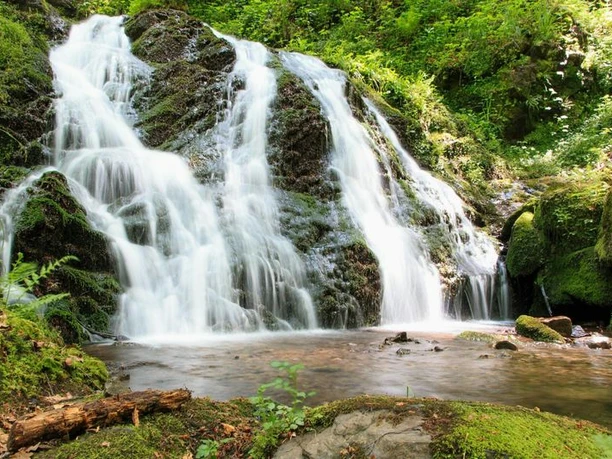 Naturnahe Aufnahme des Holchenwasserfalls, mit herabfließendem Wasser über Felsen und dichtem Grün im Hintergrund