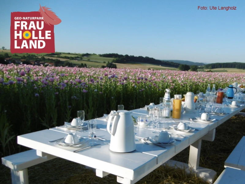 Gedeckter Tisch auf der Just-White-Tafel in den Mohnfeldern in Grandenborn