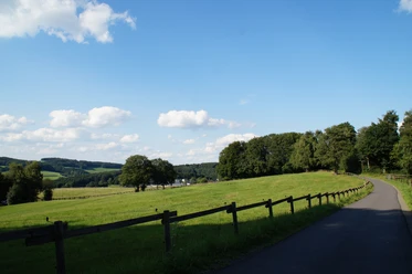 Höhenweg Hohbusch vor Lindlar-Hohkeppel Weite, grüne Wiesen mit vereinzelten Bäumen und einem schmalen Weg unter blauem Himmel.