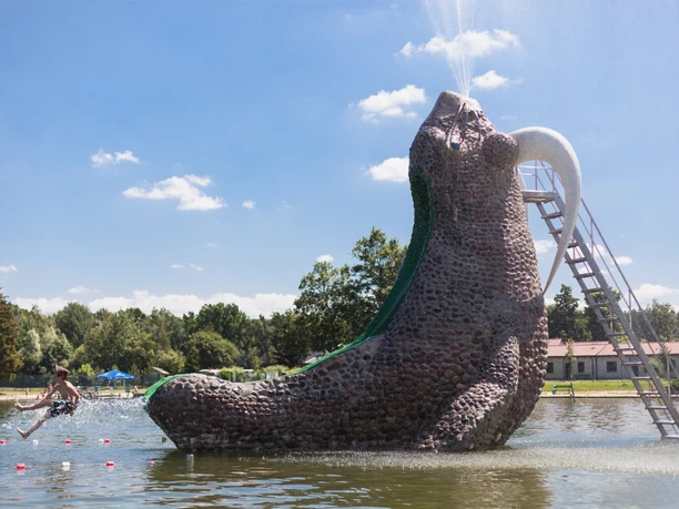 Trixi Ferienpark_tobias ritz 15_2 (62).jpg Riesiges Wasserspielgerät aus Stein mit Rutsche in einem See, umgeben von Natur und blauen Himmel.