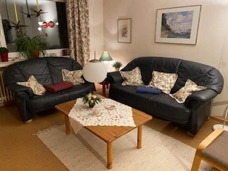 Gemütliches Wohnzimmer mit zwei blauen Ledersofas, Holz-Couchtisch, dekorativem Lampenschirm.