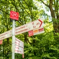 Beschilderung Panoramaradwege ```html <p>Wegweiser im Grünen zeigt Fahrrad- und Wanderwege nach Burscheid und Wermelskirchen.</p> ```