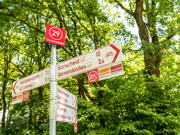Beschilderung Panoramaradwege ```html <p>Wegweiser im Grünen zeigt Fahrrad- und Wanderwege nach Burscheid und Wermelskirchen.</p> ```