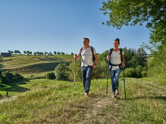 Wandern im Golmeketal Zwei Wanderer mit Stöcken gehen über eine grüne Wiese, Bäume und Hügel im Hintergrund.