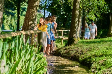 Familie auf dem Barfußpfad Eine Familie läuft barfuß durch einen Bach in einem Waldgebiet, umgeben von sommerlichen Bäumen.