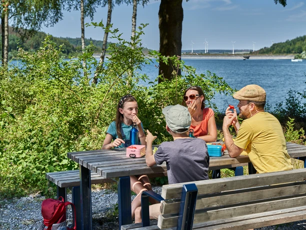 Familienpicknick an der Aabach-Talsperre Vierköpfige Familie genießt ein Picknick an einem Holztisch, umgeben von Bäumen und einem See.