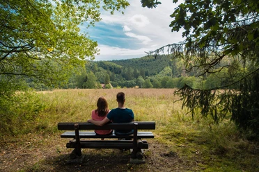 Ausblick auf die Schützenwiese Ein Paar sitzt auf einer Bank vor einer weiten Wiese mit Wäldern im Hintergrund, unter wolkigem Himmel.