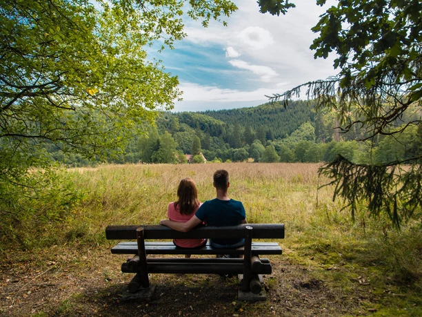Ausblick auf die Schützenwiese Ein Paar sitzt auf einer Bank vor einer weiten Wiese mit Wäldern im Hintergrund, unter wolkigem Himmel.