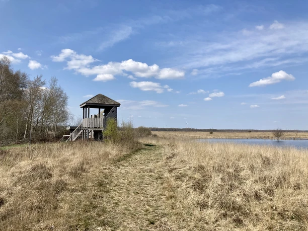 Oppenweher Moor Aussichtsturm aus Holz am Oppenweher Moor, umgeben von Heidelandschaft und Wolken am blauen Himmel.