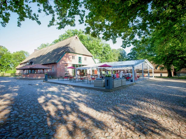Außenansicht Gut Thansen Reetgedecktes Backsteinhaus mit belebtem Glaspavillon am gepflasterten Hof unter Bäumen.