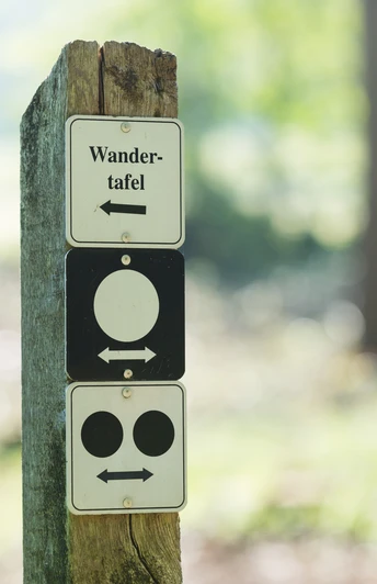 Stemweder Berg Holzpfosten mit Wandertafel und zwei Orientierungsschildern im Grünen, weicher Hintergrund.