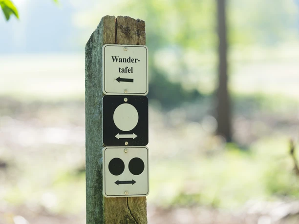 Stemweder Berg Holzpfosten mit Wandertafel und zwei Orientierungsschildern im Grünen, weicher Hintergrund.