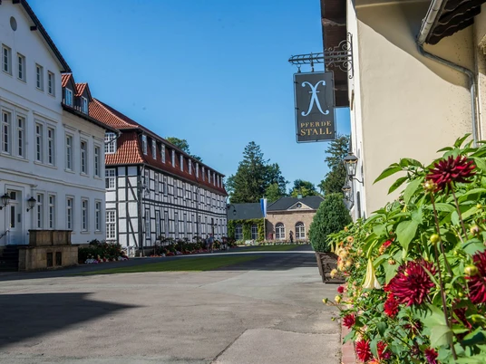 Gräflicher Park Bad Driburg Historische Fachwerkgebäude und farbenprächtige Blumendekorationen am Gräflichen Park Bad Driburg.