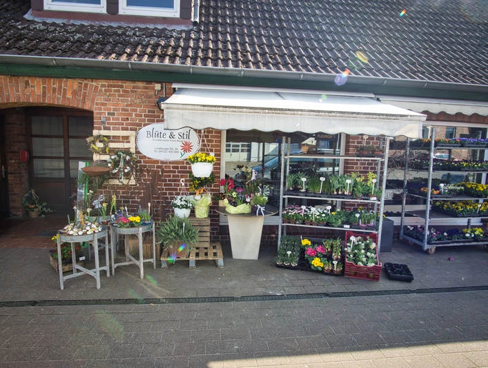 Blüte und Stil Ein gemütlicher Blumenladen vor einem Ziegelgebäude mit einer Auswahl an bunten Pflanzen und Blüten.