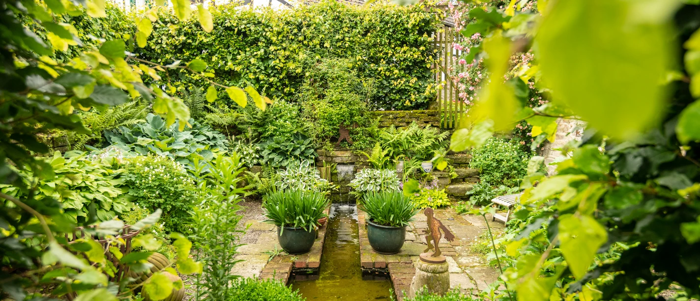 Ferienwohung Hof Tüschenbonnen Ein gepflegter, grüner Garten mit Teich und üppiger Bepflanzung in einem rustikalen Ambiente.