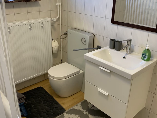 FeWo_Hille-Oberluebbe Modernes Badezimmer mit weißer Keramik, Waschbeckenunterschrank, WC und Handtuchheizkörper.