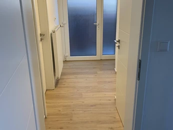 FeWo_Hille-Oberluebbe Heller Eingangsbereich mit Holzboden, zwei Türen zu Zimmern und eine Tür mit Milchglasscheiben.