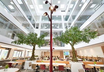 Großzügiger, lichtdurchfluteter Lobbybereich mit Bäumen und modernen Sitzgelegenheiten im Zentrum.