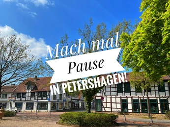 Symbolfoto.jpg Ein Platz mit historischen Fachwerkbauten, Bäumen und blühenden Sträuchern unter blauem Himmel.