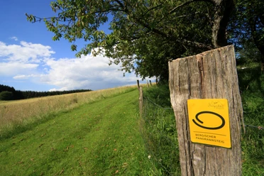 Hengstenberg Pfad mit grünem Gras, gelbem Wegweiser "Bergischer Panoramasteig", blauer Himmel mit Wolken.