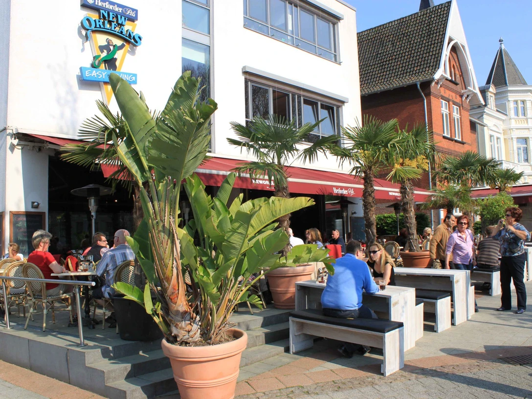 New Orleans.jpg Zu sehen ist der Außenbereich des New Orleans an einem belebten und sonnigen Tag. Auf der Terrasse gibt es viele Sitzgelegenheiten zwischen denen ebenfalls Palmen stehen, die ein gewisses Urlaubsgefühl vermitteln.