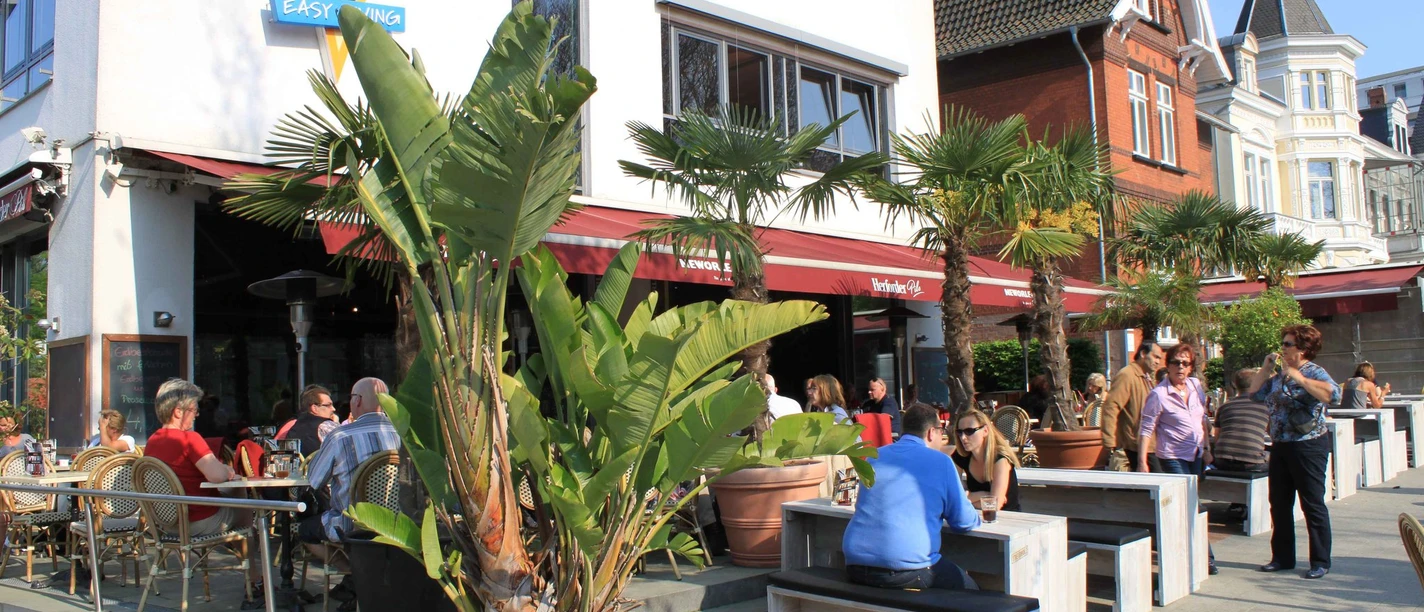 New Orleans.jpg Zu sehen ist der Außenbereich des New Orleans an einem belebten und sonnigen Tag. Auf der Terrasse gibt es viele Sitzgelegenheiten zwischen denen ebenfalls Palmen stehen, die ein gewisses Urlaubsgefühl vermitteln.