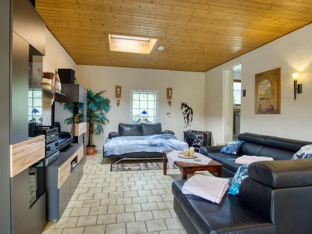 Wohnzimmer Wohnraum mit zwei dunklen Ledersofas, einem Holztisch und einer modernen Wohnwand mit Fernseher und Stereoanlage. Eine Decke aus hellem Holz mit Dachfenster lässt Tageslicht einfallen. An der Wand hängt ein Gemälde, daneben eine stilisierte Hundezeichnung. Pflanzen und dekorative Elemente schaffen eine wohnliche Atmosphäre.