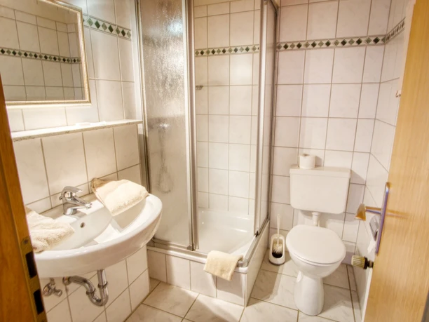 Badezimmer Hell gefliestes Badezimmer mit Dusche, Toilette, Spiegel und Waschbecken.