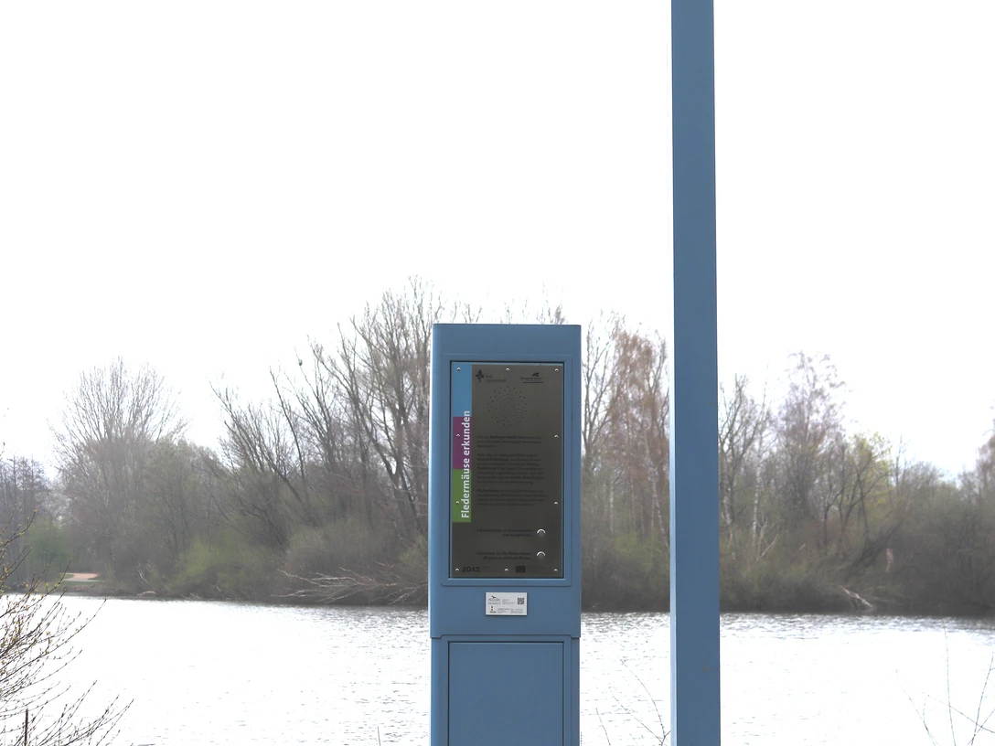 IMG_0308.JPG Blauer Audioguide-Pfahl mit "Fledermäuse hören"-Schild vor einem See, umgeben von Bäumen.