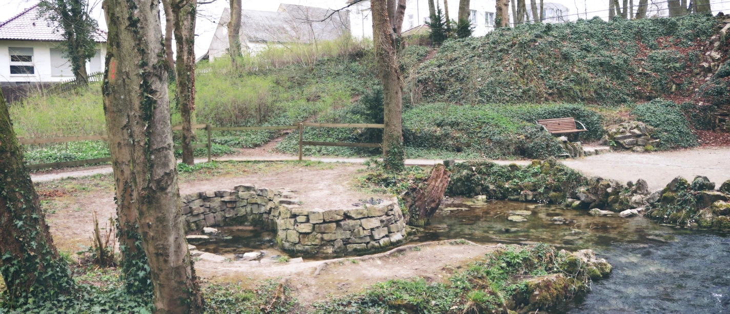 Ein kleiner Brunnen aus Stein steht in einem bewaldeten Park. Ein Bach fließt nebenan vorbei.