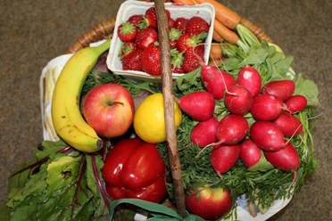 Obstkorb (12) - klein.JPG Ein geflochtener Korb gefüllt mit frischem Obst und Gemüse, darunter Erdbeeren, Radieschen und Bananen.