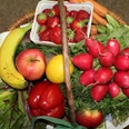 Obstkorb (12) - klein.JPG Ein geflochtener Korb gefüllt mit frischem Obst und Gemüse, darunter Erdbeeren, Radieschen und Bananen.
