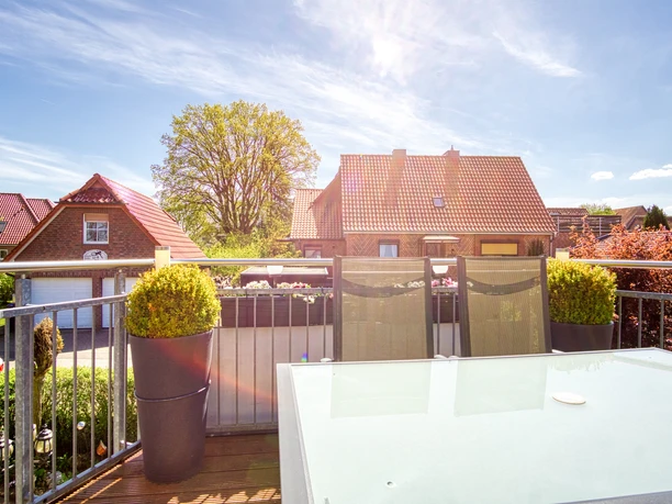Sonniger Balkon mit Glastisch, Stühlen und Pflanzenkübeln. Im Hintergrund rote Backsteinhäuser.