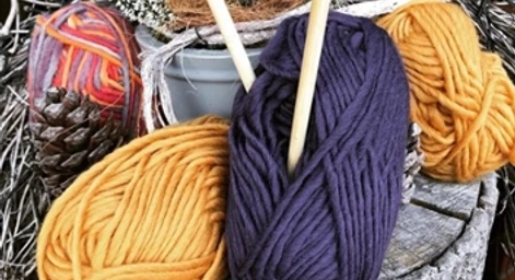 Handarbeitsgruppe.jpg Auf einem Baumstumpf liegen farbige Wollknäuel neben Stricknadeln.