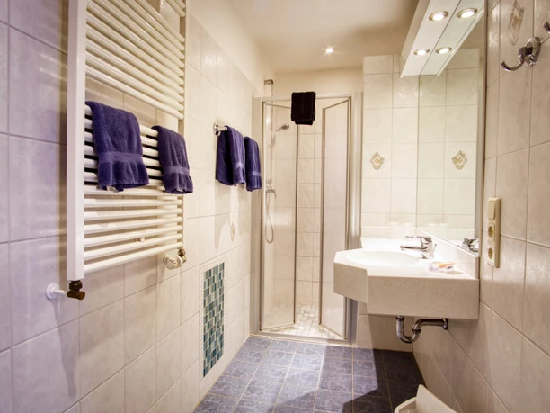 Bad-Doppelzimmer -thieshof.jpg Helles Bad mit Duschkabine, Waschbecken, beleuchtetem Spiegel und blauen Handtüchern.