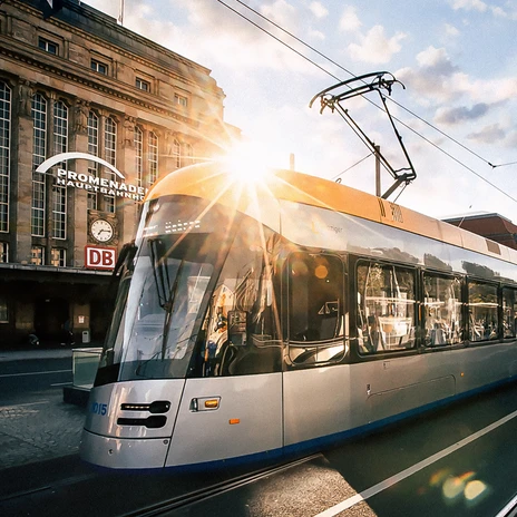 Tram as local mobility for conferences and meetings | Leipzig Convention Bureau Tram operating in Leipzig’s city traffic as local transport for conference and meeting participants – presented by Leipzig Convention Bureau