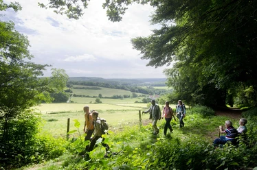 Wanderer wandern in den Wäldern um Bad Driburg herum.