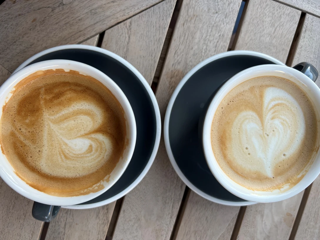 Zwei Cappuccino mit kunstvollen Milchschaummustern auf einem Holztisch in sonniger Umgebung.Two cappuccinos with artistic milk foam patterns on a wooden table in a sunny setting.To cappuccinoer med kunstneriske mælkeskummønstre på et træbord i solrige omgivelser.Twee cappuccino's met artistieke melkschuimpatronen op een houten tafel in een zonnige omgeving.