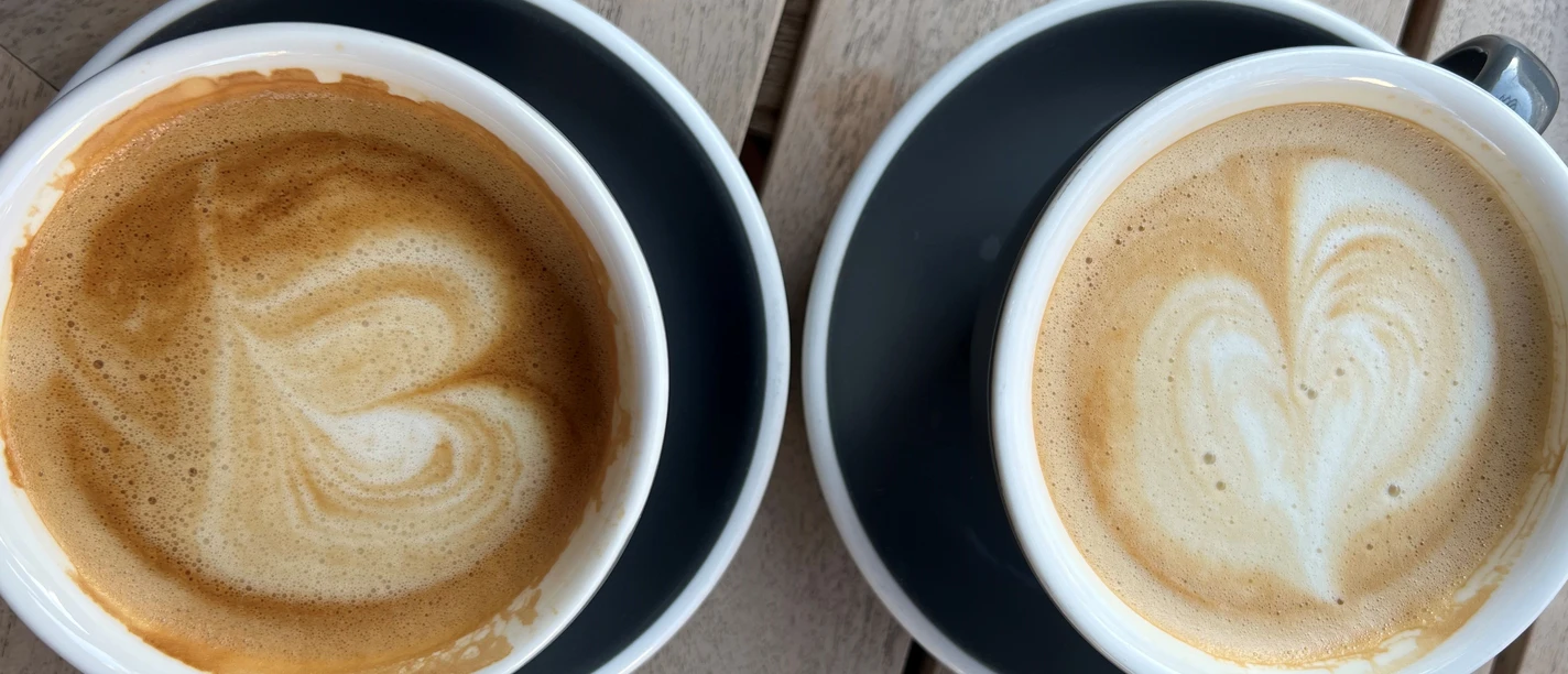 Two cappuccinos with artistic milk foam patterns on a wooden table in a sunny setting.