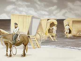 Historische Strandszene Gemälde zeigt Menschen in Badebekleidung, die aus hölzernen Badekarren ins Meer gehen.